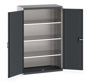 Heavy Duty Bott cubio cupboard with perfo panel lined hinged doors. 1050mm wide x 525mm deep x 1600mm high with 3 x100kg capacity shelves.... Bott Industial Tool Cupboards with Shelves